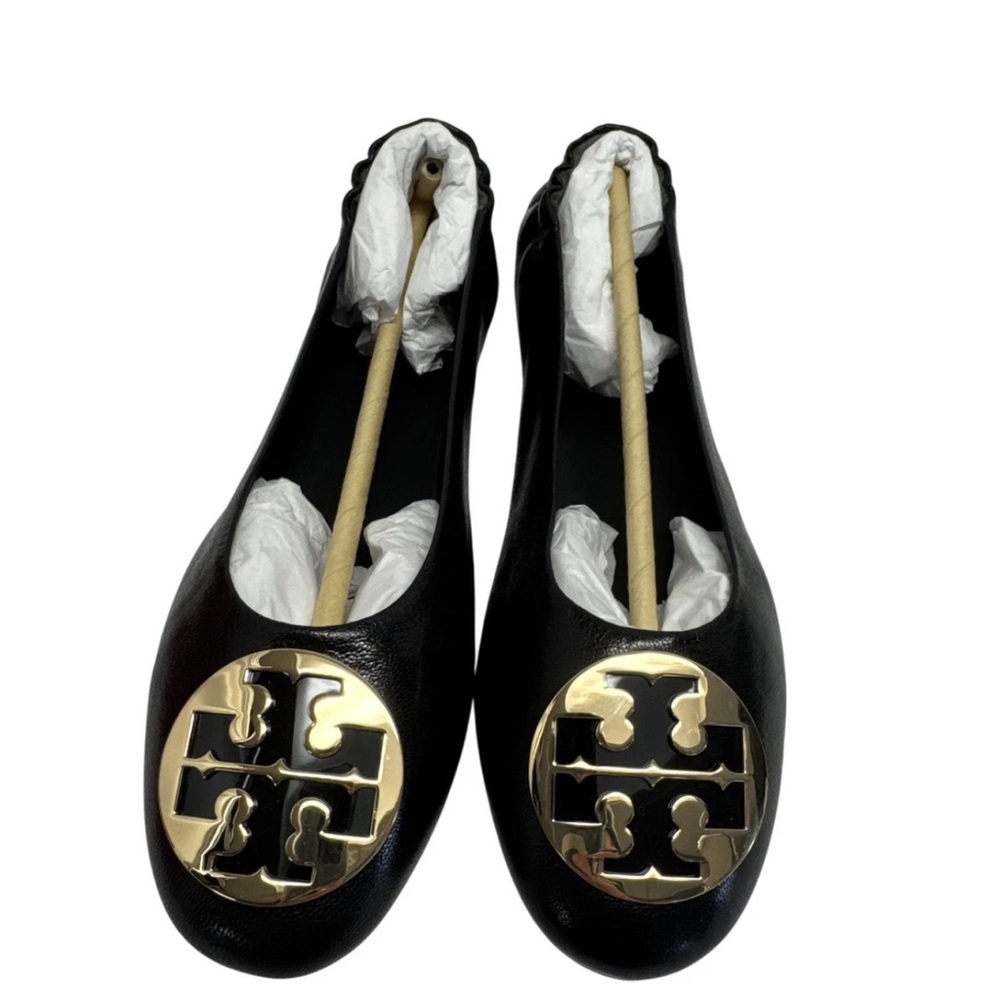 Tory Burch Black and Gold Flats with Logo Emblem
